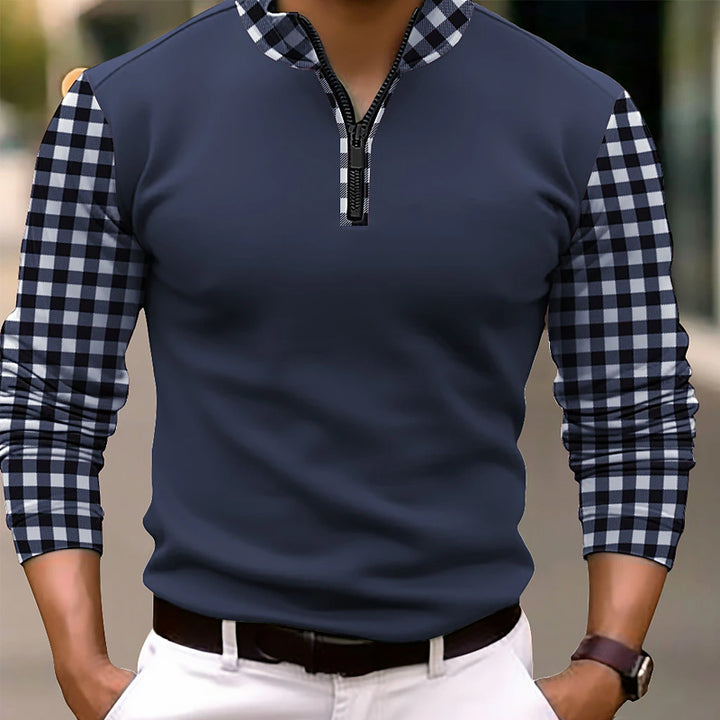 Men's Color Block Plaid Long Sleeve Polo Shirt