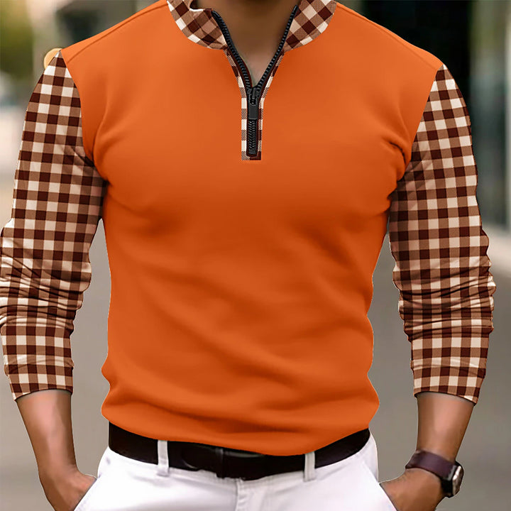 Men's Color Block Plaid Long Sleeve Polo Shirt