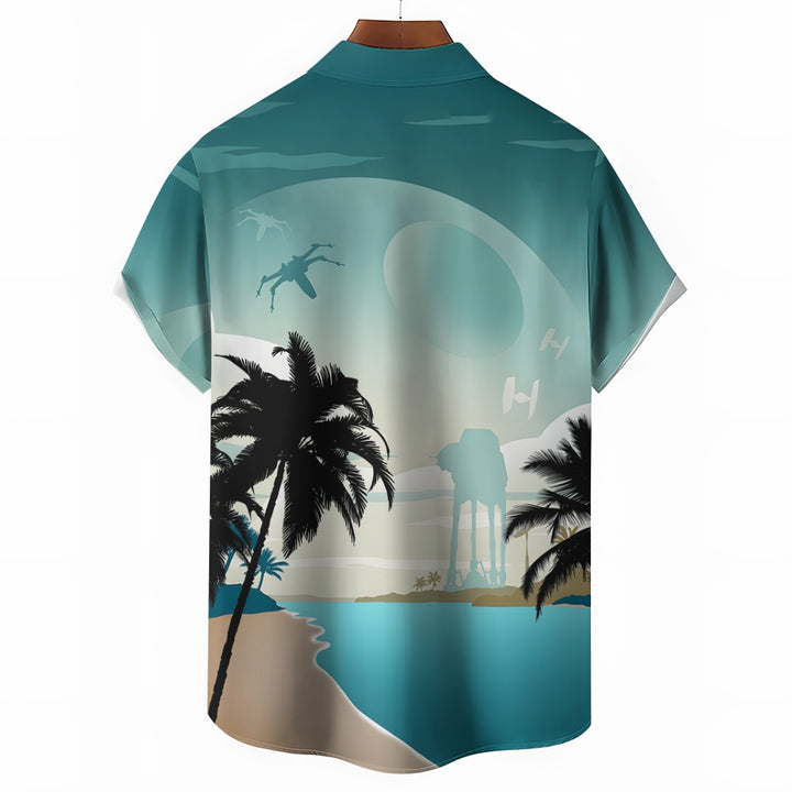 Quiet Beach Coconut Tree Technology Battle Armor Silhouette Printing Short Sleeve Shirt 2404001919