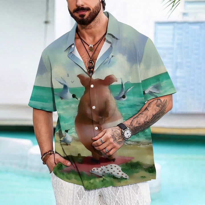 Funny Pig on the Beach Print Short Sleeve Shirt 2410003818