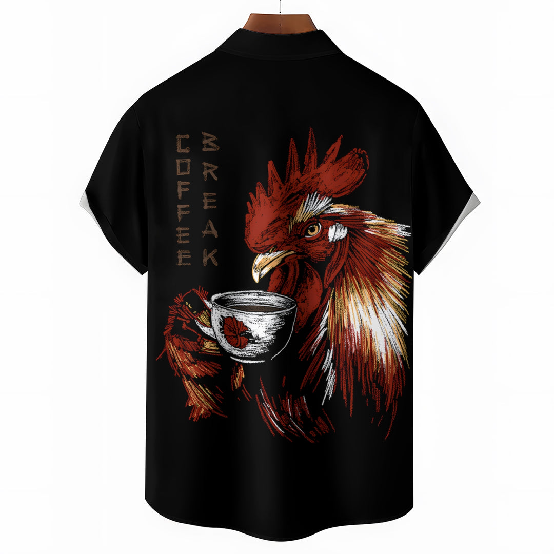 Rooster Coffee Break Print Casual Short Sleeve Shirt 2403000575