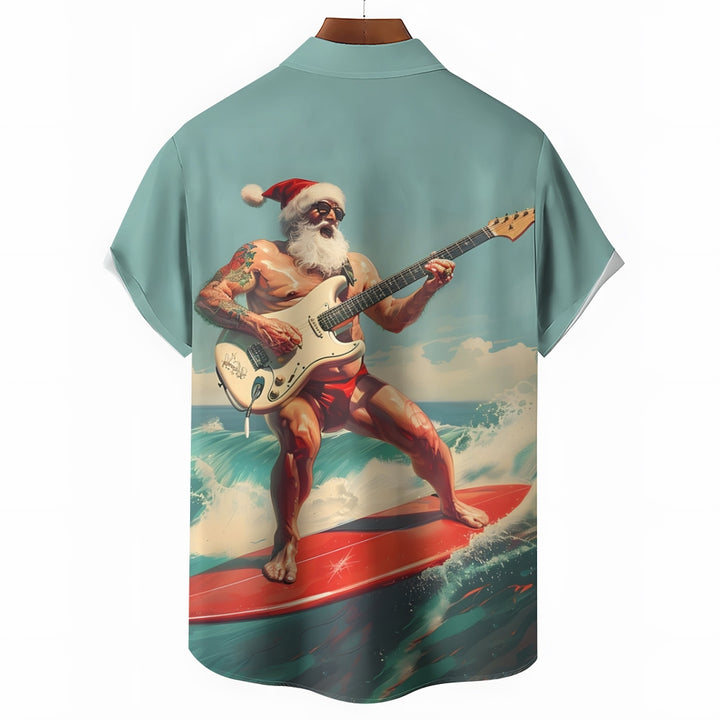 Funny Surfing Christmas Santa Claus Print Short Sleeve Shirt 2411005334