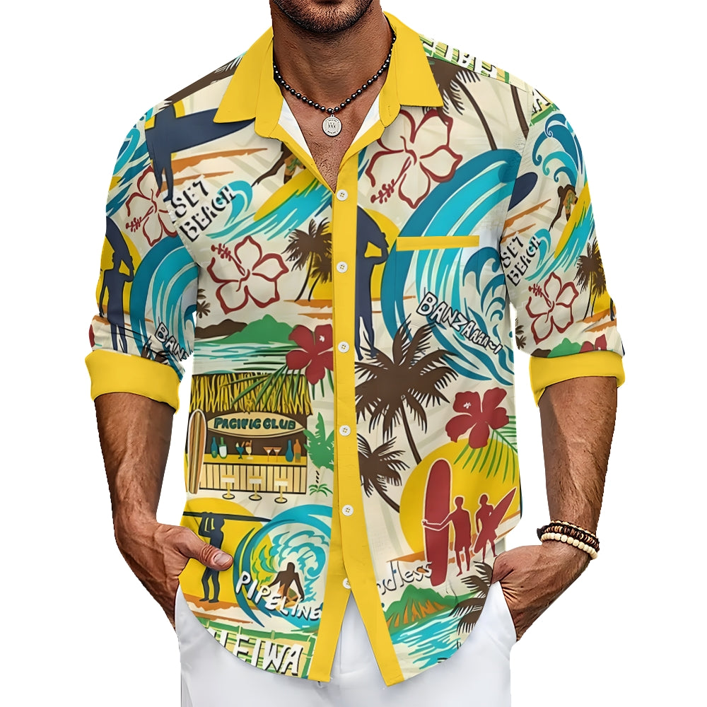 Men's Casual Hawaiian Surf Printed Long Sleeve Shirt 2403000596