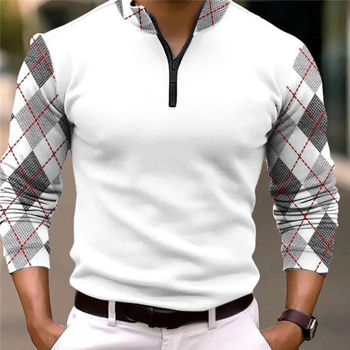 Men's Color Block Plaid Long Sleeve Polo Shirt