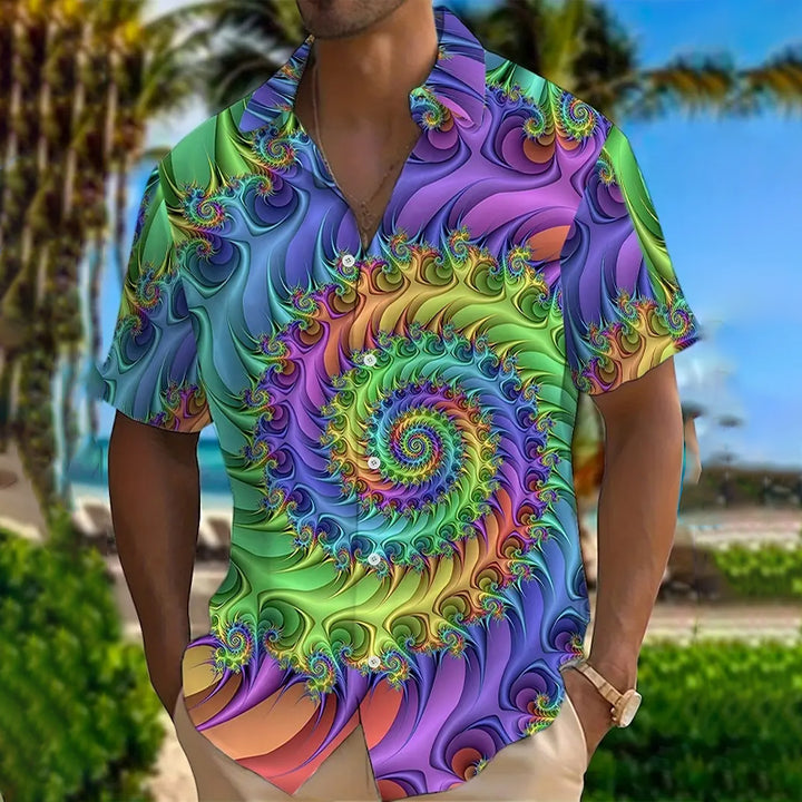 Vibrant Colorful Swirl Gradient Floral Print Short Sleeve Shirt