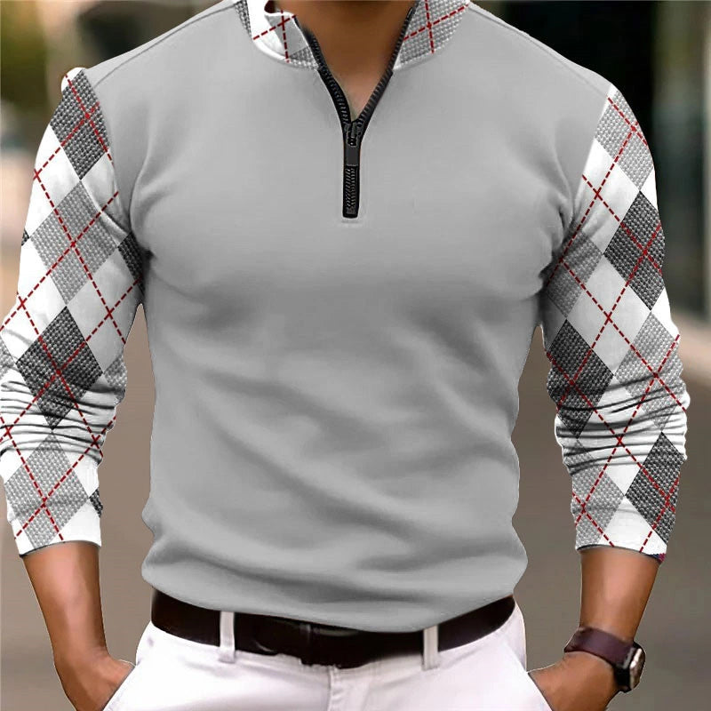 Men's Plaid Business Zip Long Sleeve Polo 2410007557