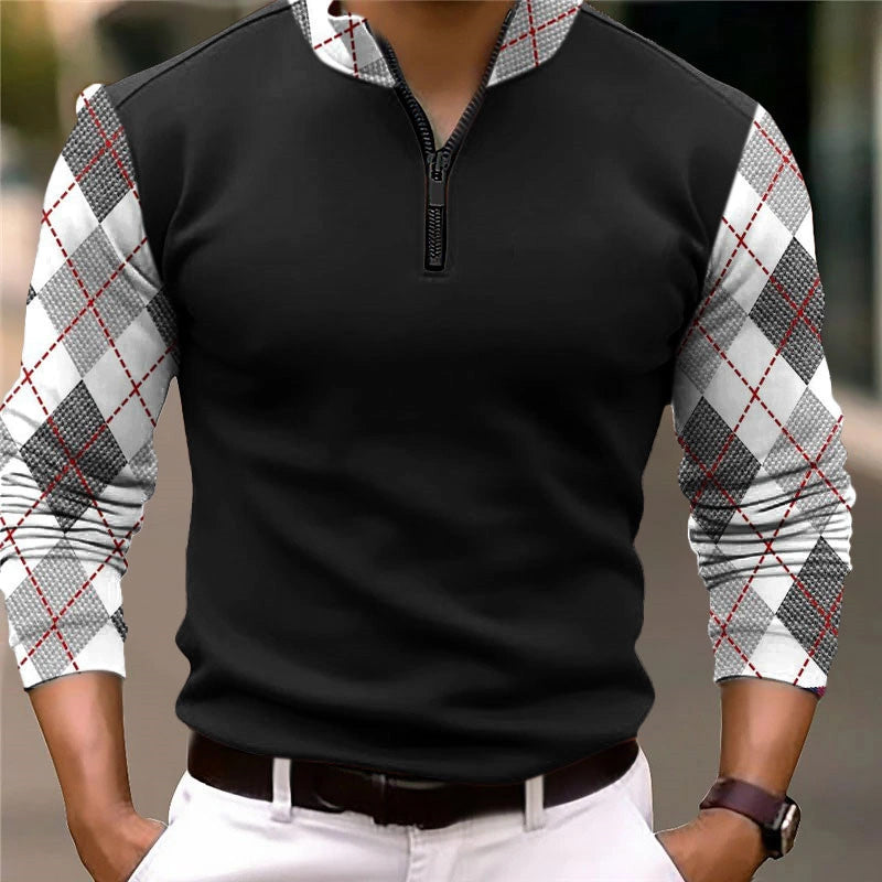 Men's Plaid Business Zip Long Sleeve Polo 2410007557