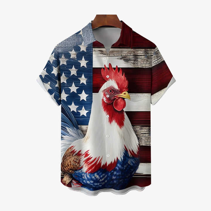 Rooster Flag Print Patriotic Casual Short Sleeve Shirt 2405002093