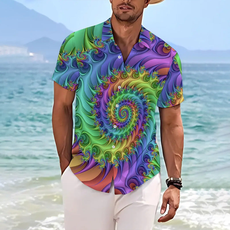 Vibrant Colorful Swirl Gradient Floral Print Short Sleeve Shirt