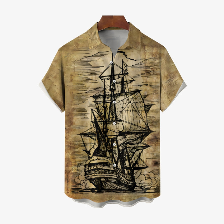 Men's Vintage Sailing Sailboat Print Short Sleeve Shirt 2412006981