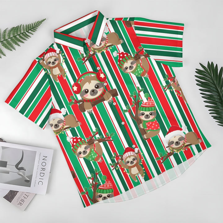 Christmas Striped Sloth Print Short Sleeve Shirt 2409010818