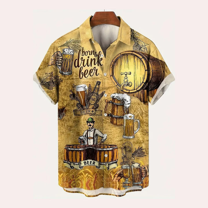 Mens Vintage Beer Print Short Sleeve Shirt