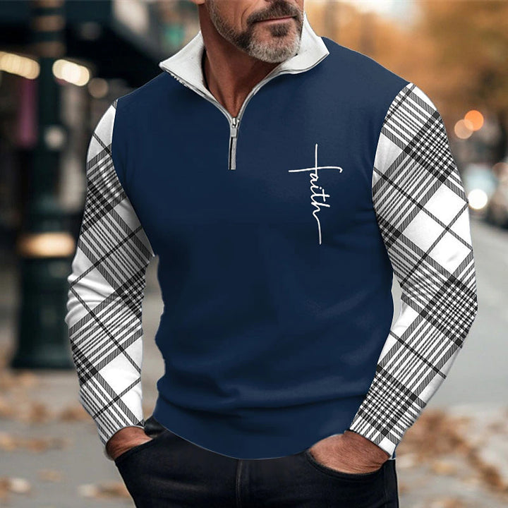 Men's Plaid Faith Business Long Sleeve Zip Polo