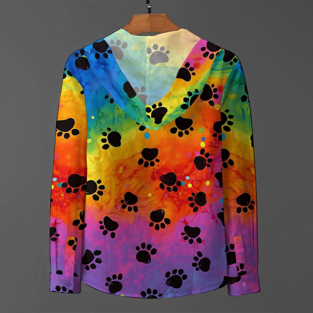 Colorful Textured Dog Paw Print Hooded Half-Open Long Sleeve Shirt 2408002716