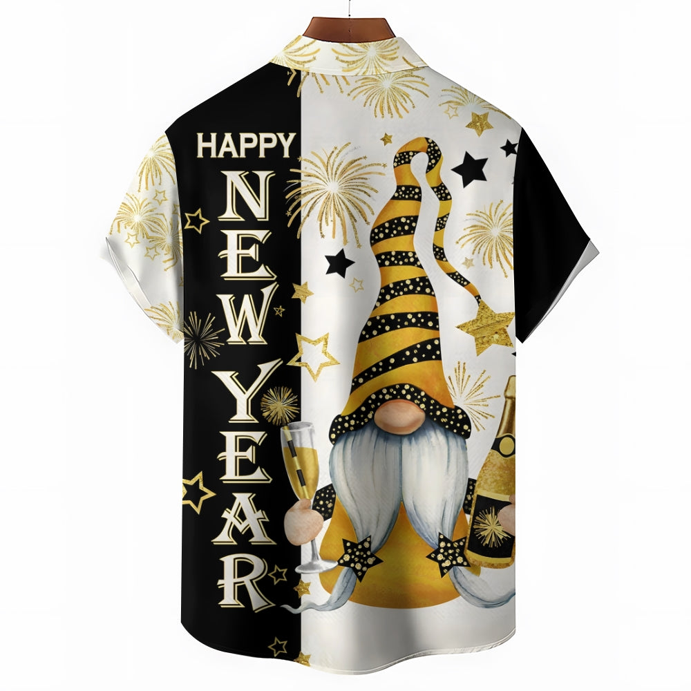 Happy New Year Gnome Champagne Print Casual Short Sleeve Shirt 2412002787