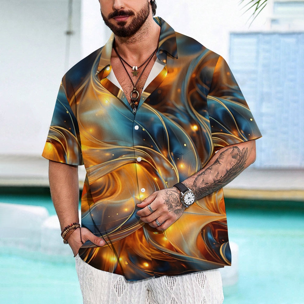 Gold Curve Texture Print Casual Large Size Short Sleeve Shirt 2407001297