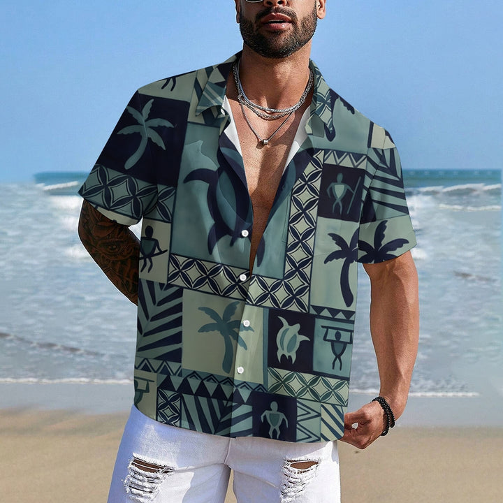 Geometric Turtle And Coconut Tree Print Hawaiian Shirt 2412006359