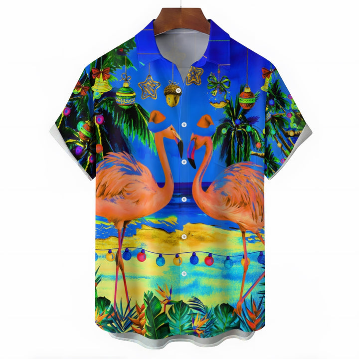 Christmas Flamingo Lantern Print Short Sleeve Shirt 2411008108