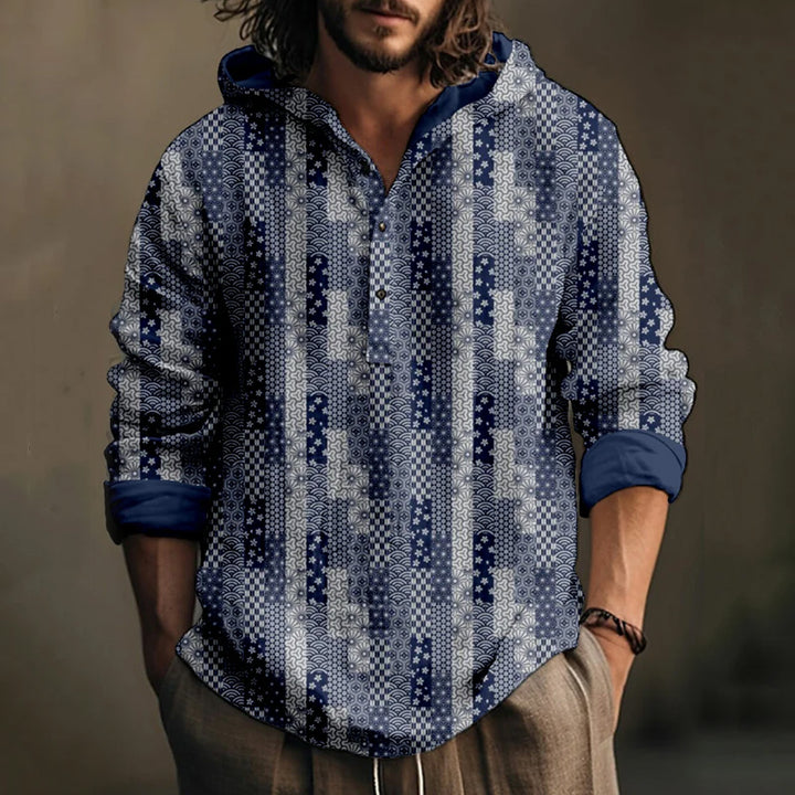 Patchwork Pattern Linen Blend Hooded Shirt