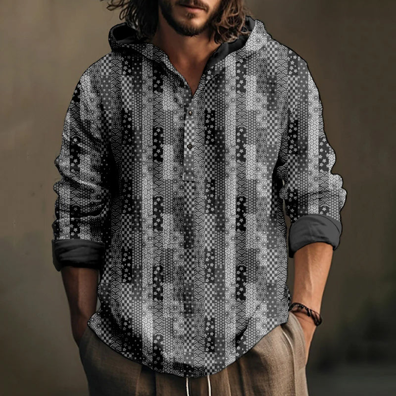 Patchwork Pattern Linen Blend Hooded Shirt