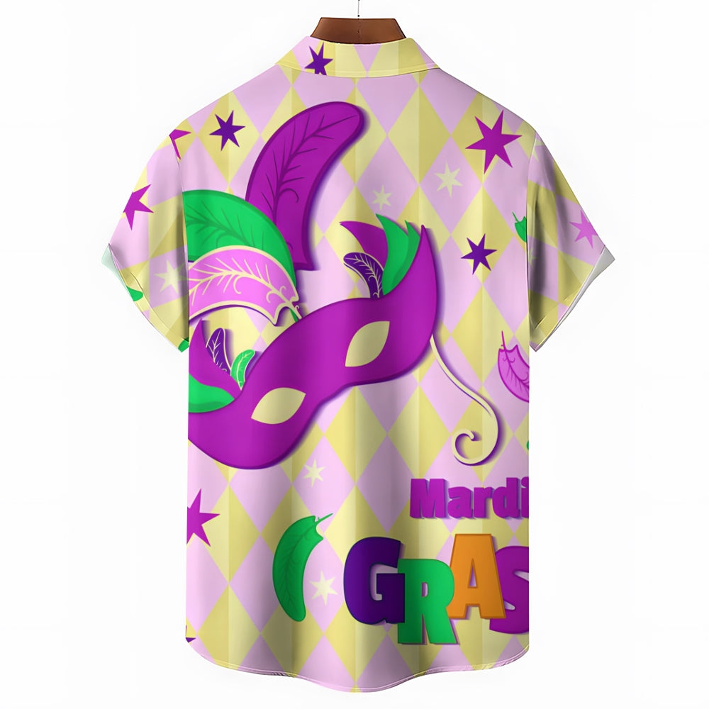 Mardi Gras Mask Geometric Print Casual Short Sleeve Shirt 2412002269