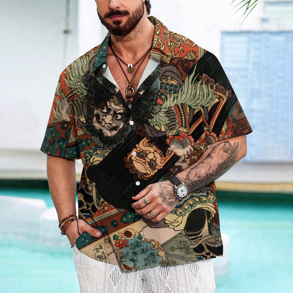 The Chinese Warrior Art Print Casual Oversized Short Sleeve Shirt 2406003334