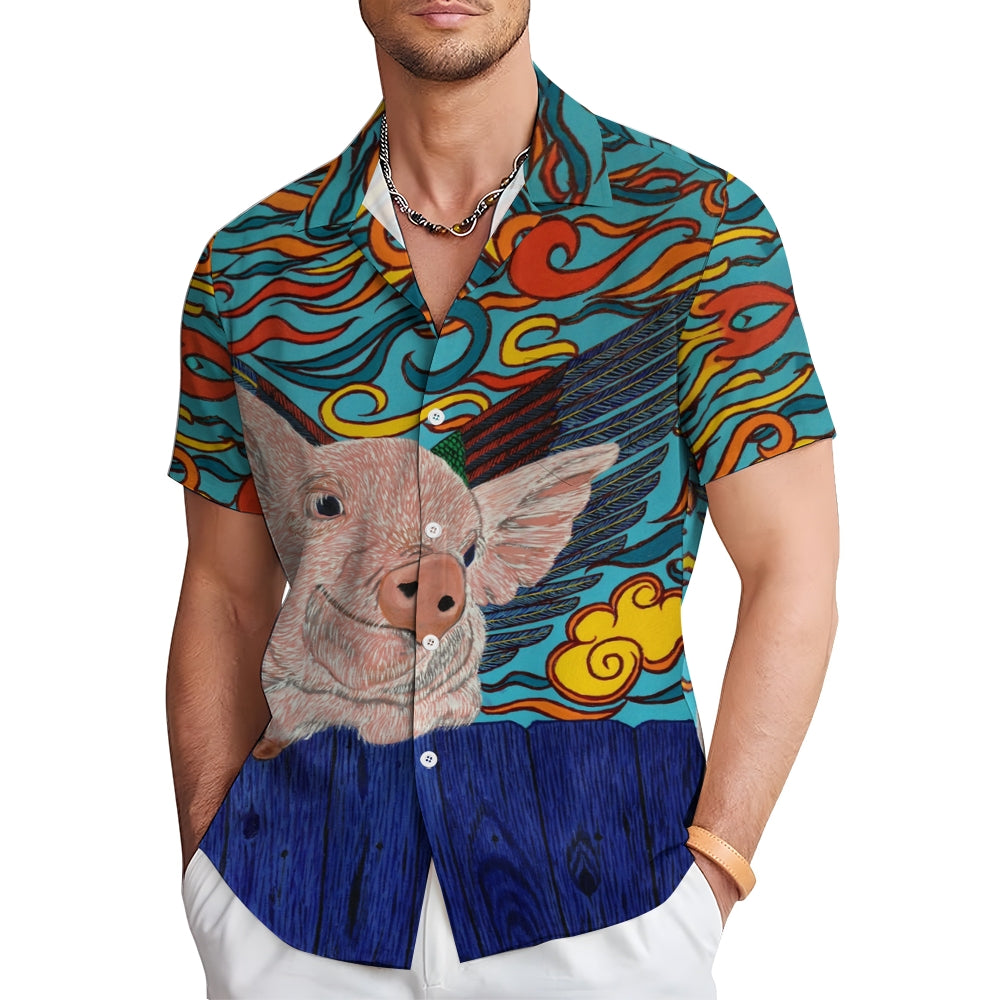 Flying Pig Cartoon Print Casual Large Size Short Sleeve Shirt 2407005325