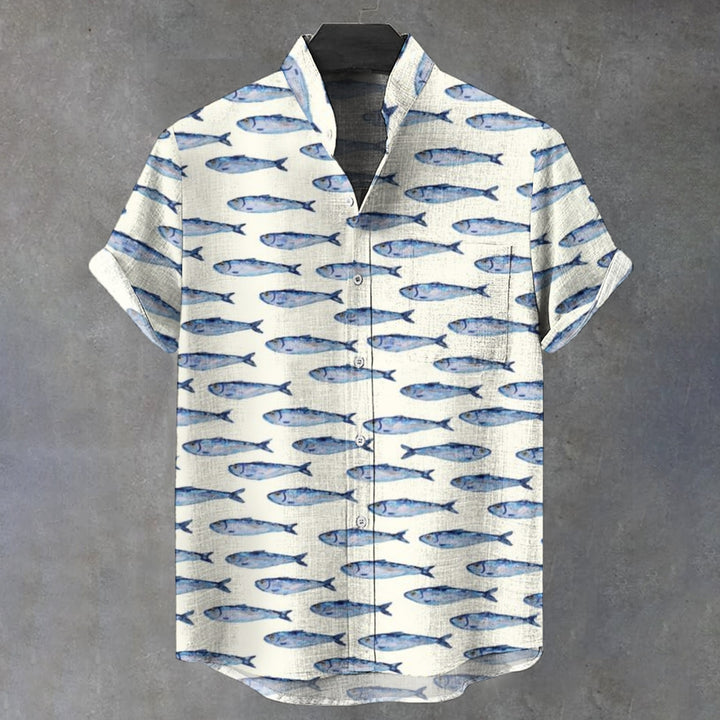 Blue Fish Stand Collar Half-Lapel Short-Sleeved Shirt 2408007105