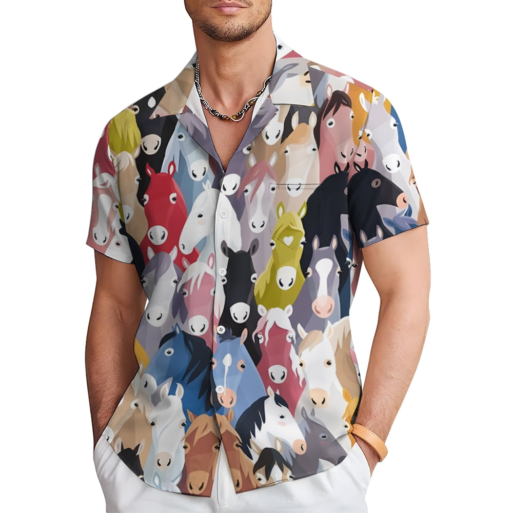 Men's Colored Horse Casual Short Sleeve Shirt 2410006996