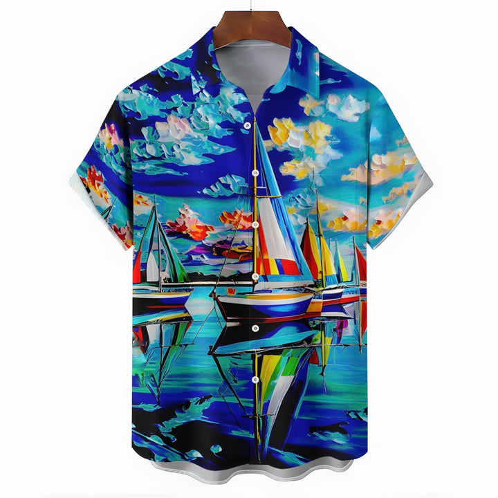 Sailboat Oil Painting Art Print Short Sleeve Shirt 2408007001