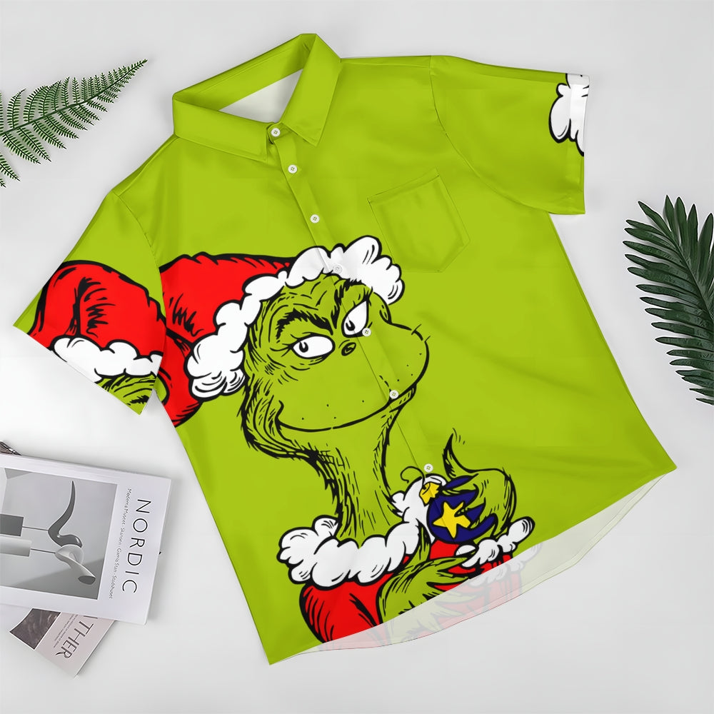 Christmas Green Monster Cartoon Casual Large Size Short Sleeve Shirt 2407004226