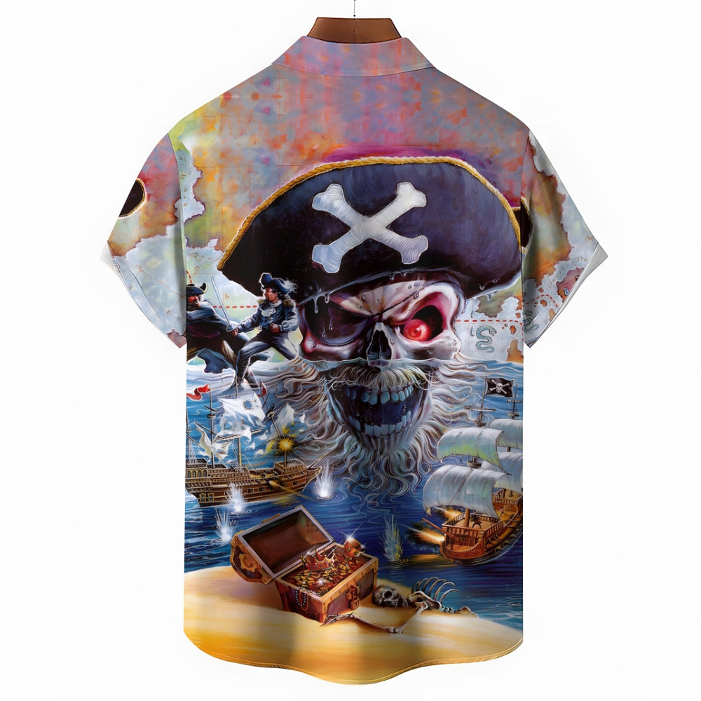 Vintage Nautical Pirate Print Chest Pocket Short Sleeve Shirt 2411002012