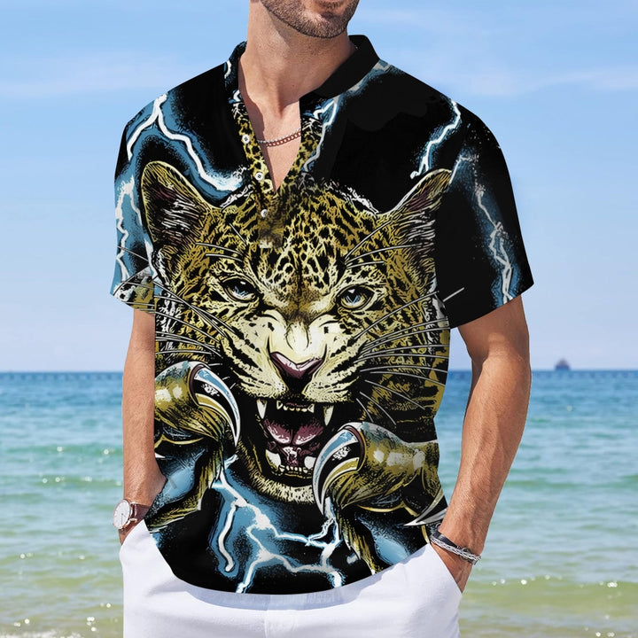 Cheetah Print Casual Stand-Up Collar Short-Sleeved Shirt 2408007168