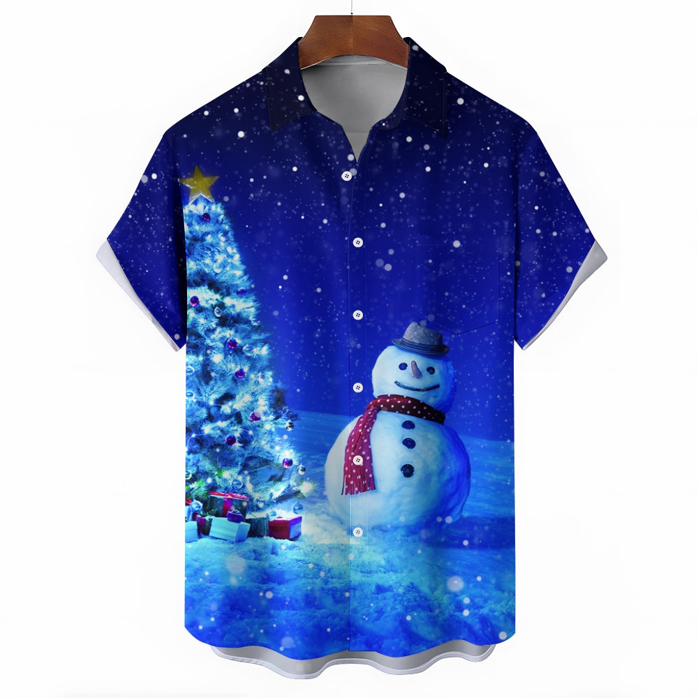 Christmas Snowman Chest Pocket Short Sleeve Shirt 2411005874