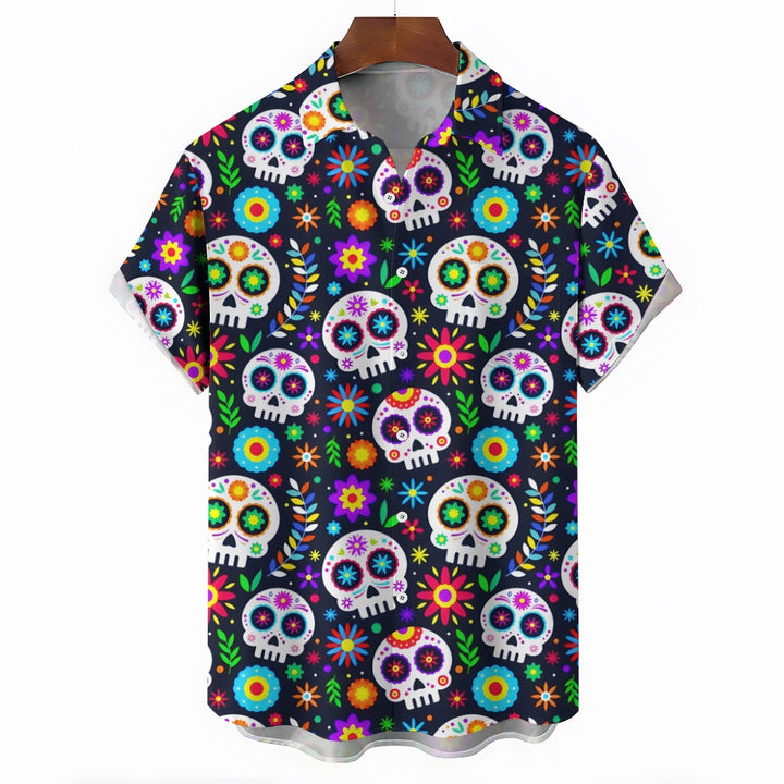 Mexican Culture Skull Print Short Sleeve Shirt 2411002296