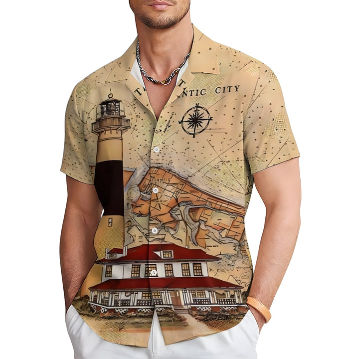 Nautical Lighthouse Print Chest Pocket Short Sleeve Shirt 2411005869