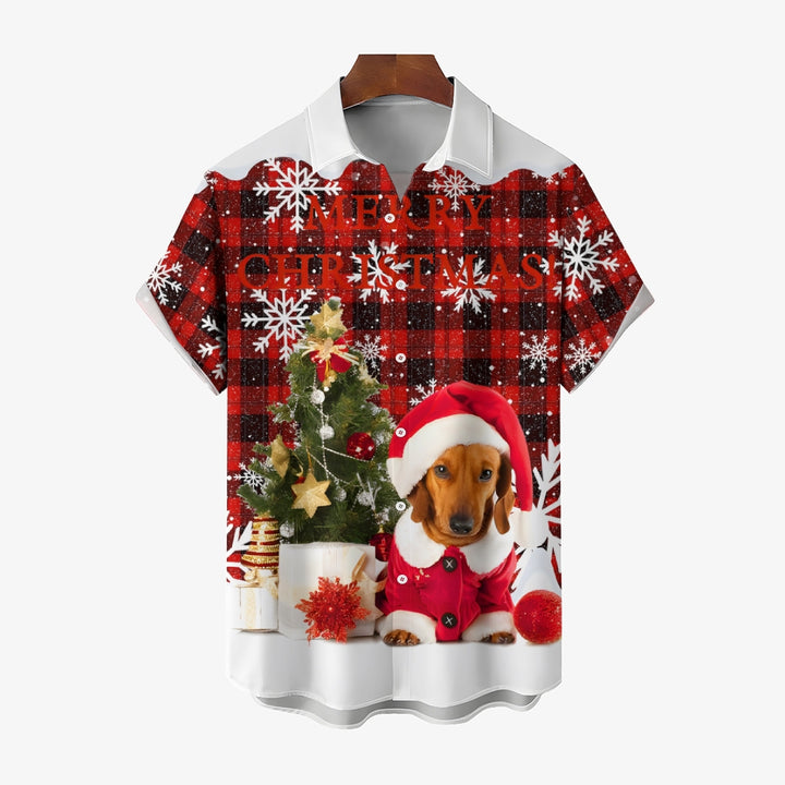 Dachshund Christmas Plaid Print Short Sleeve Shirt 2410003794