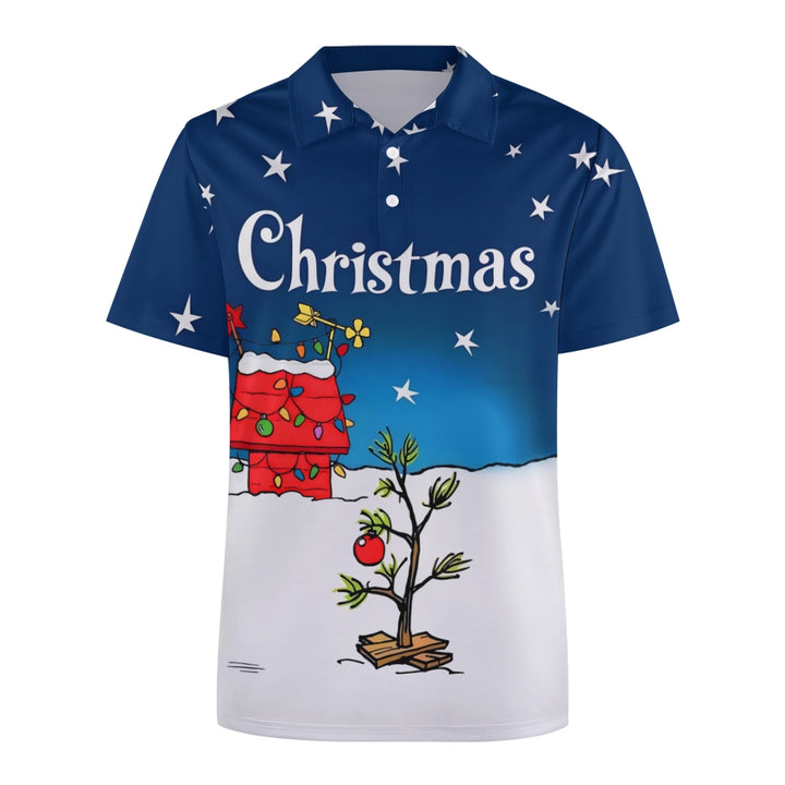 Christmas Tree Holiday Blue Cartoon Men's Button Down Short Sleeve Polo