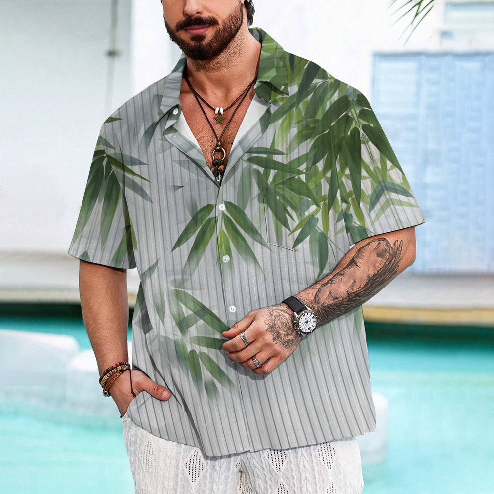 Men's Bamboo Leaf Reflection Glass Print Short Sleeve Shirt 2412002236