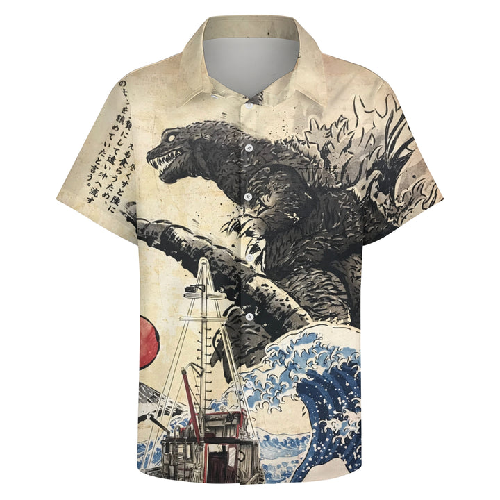 Ukiyo-e Monster Godzilla Casual Short Sleeve Shirt 2404001803