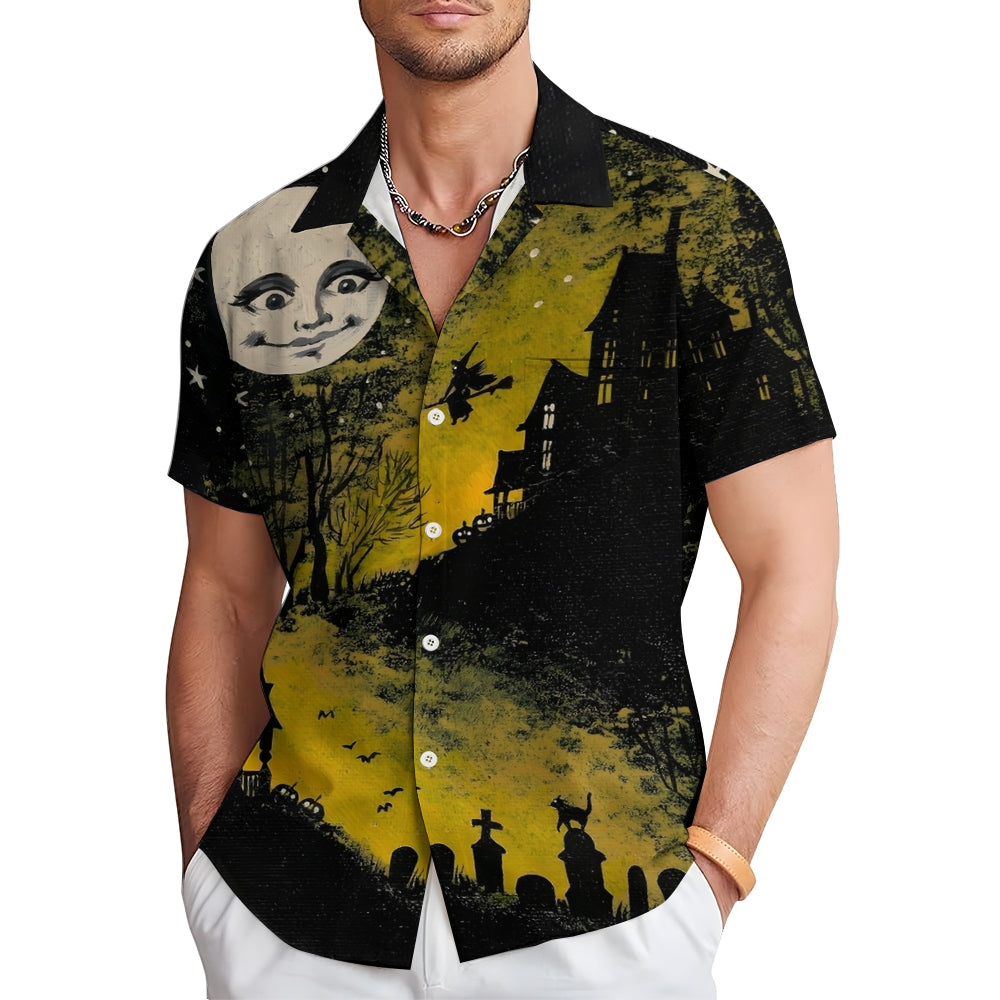 Halloween Castle Witch Print Casual Short Sleeve Shirt 2408002669