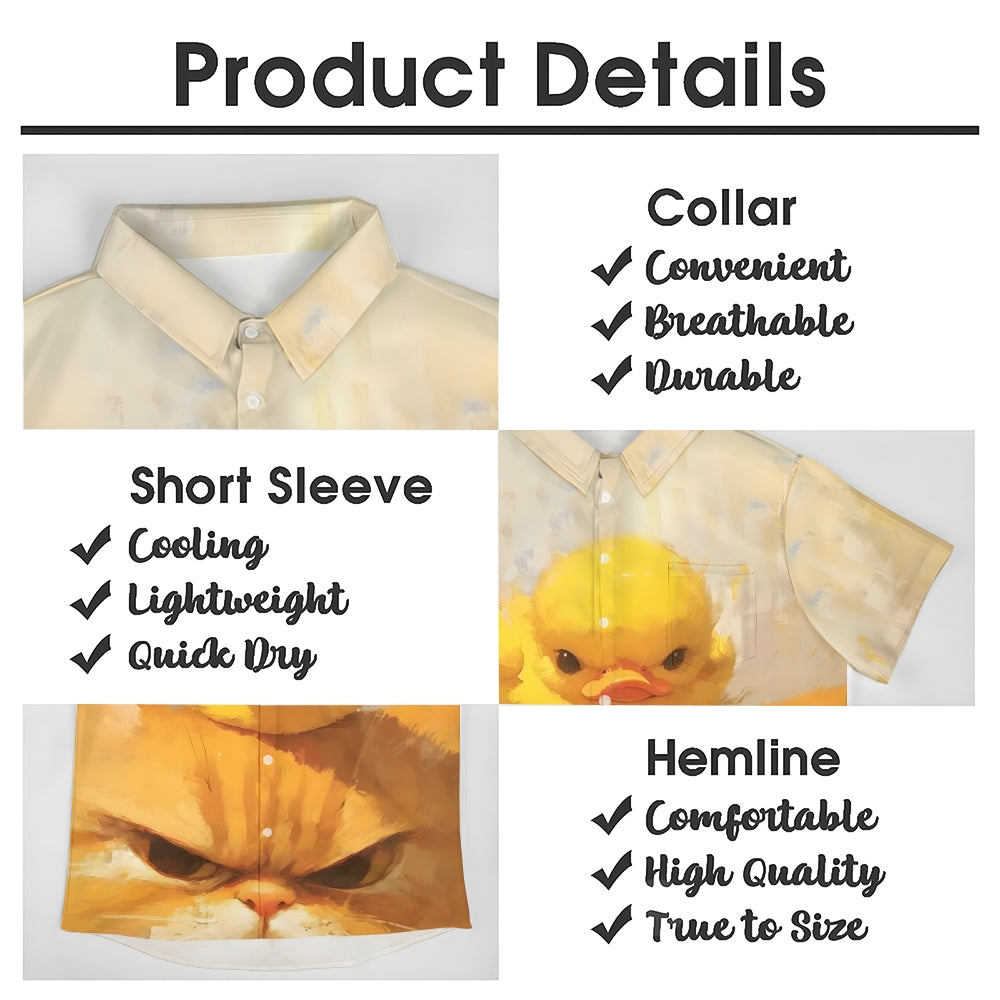 Angry Cat And Duck Print Casual Short Sleeve Shirt 2410005535