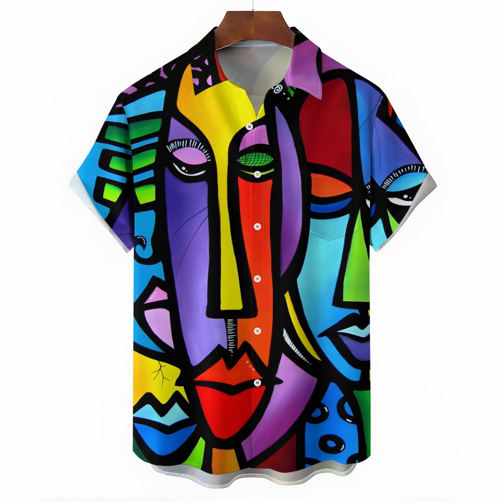 Geometric Abstract Face Casual Short-Sleeved Shirt 2409006098