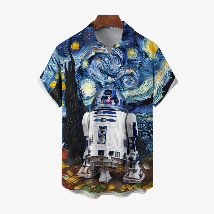 Starry Sky Art Robot Print Casual Short Sleeve Shirt 2412006939