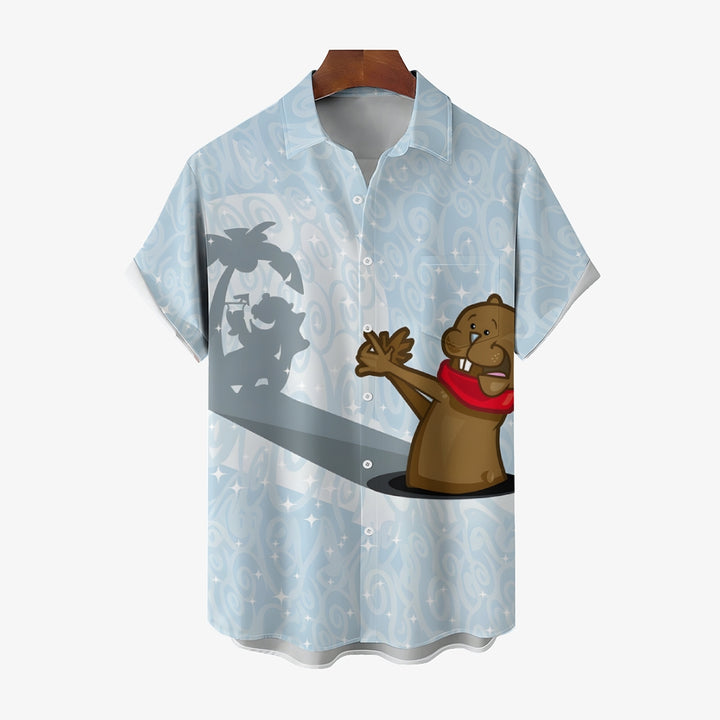 Groundhog Day Cartoon Fun Print Casual Short Sleeve Shirt 2412003755