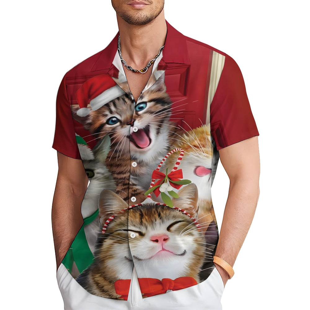 Christmas Cats Casual Short Sleeve Shirt 2410003815