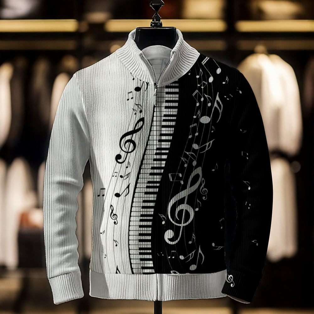 Men's Music Note Print Zip-Up Sweater Jacket 2409005205