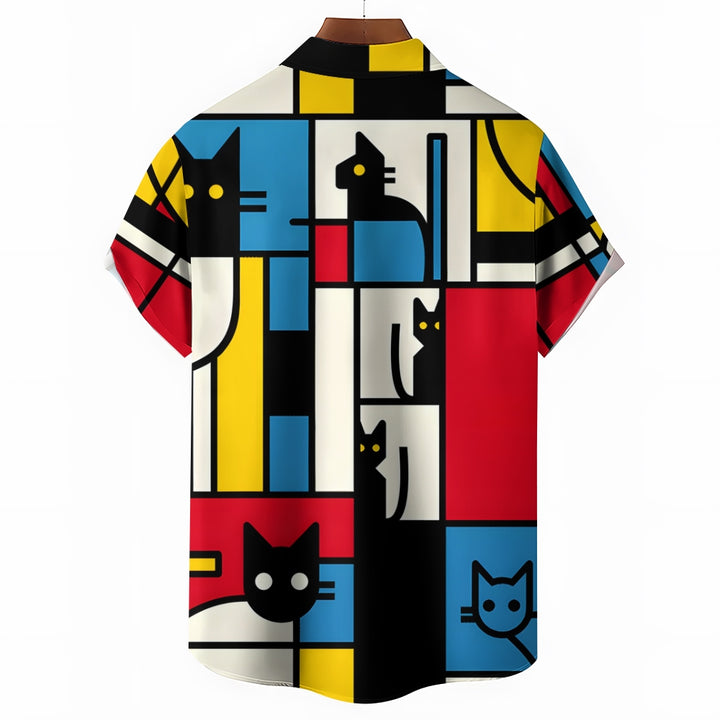 Geometric Cat Color Block Casual Short Sleeve Shirt 2409002486