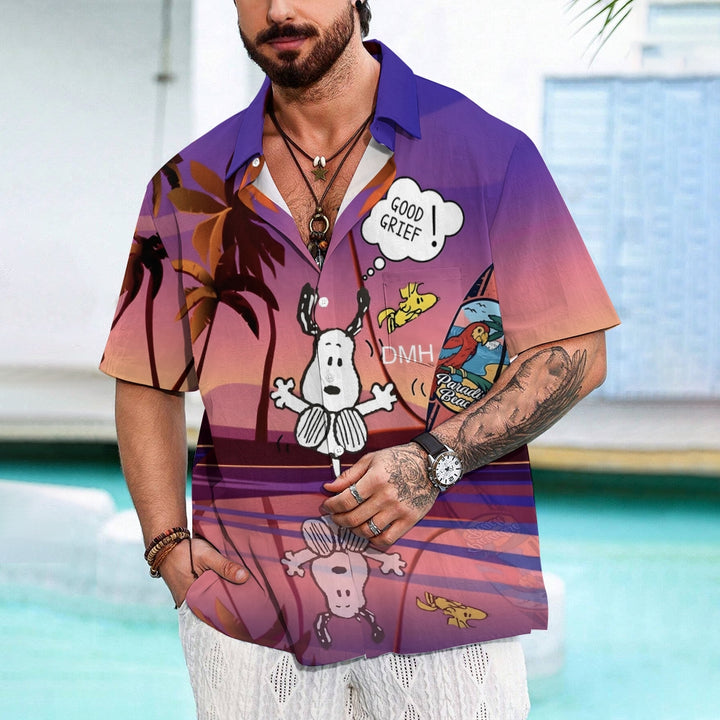 Men's Hawaiian Cartoon Puppy Diving Casual Short Sleeve Shirt 2408007561