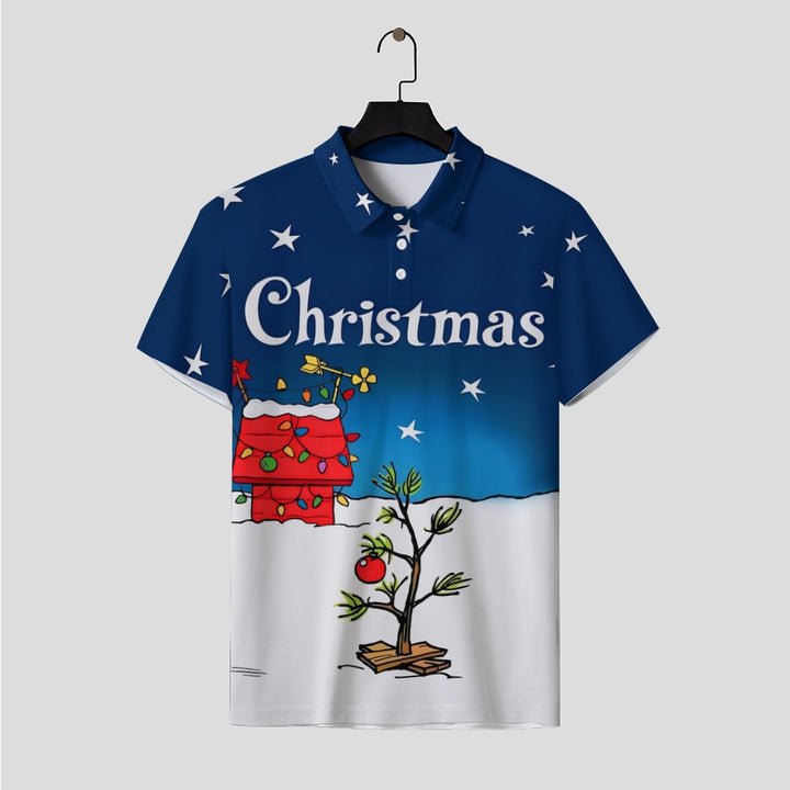 Christmas Tree Holiday Blue Cartoon Men's Button Down Short Sleeve Polo